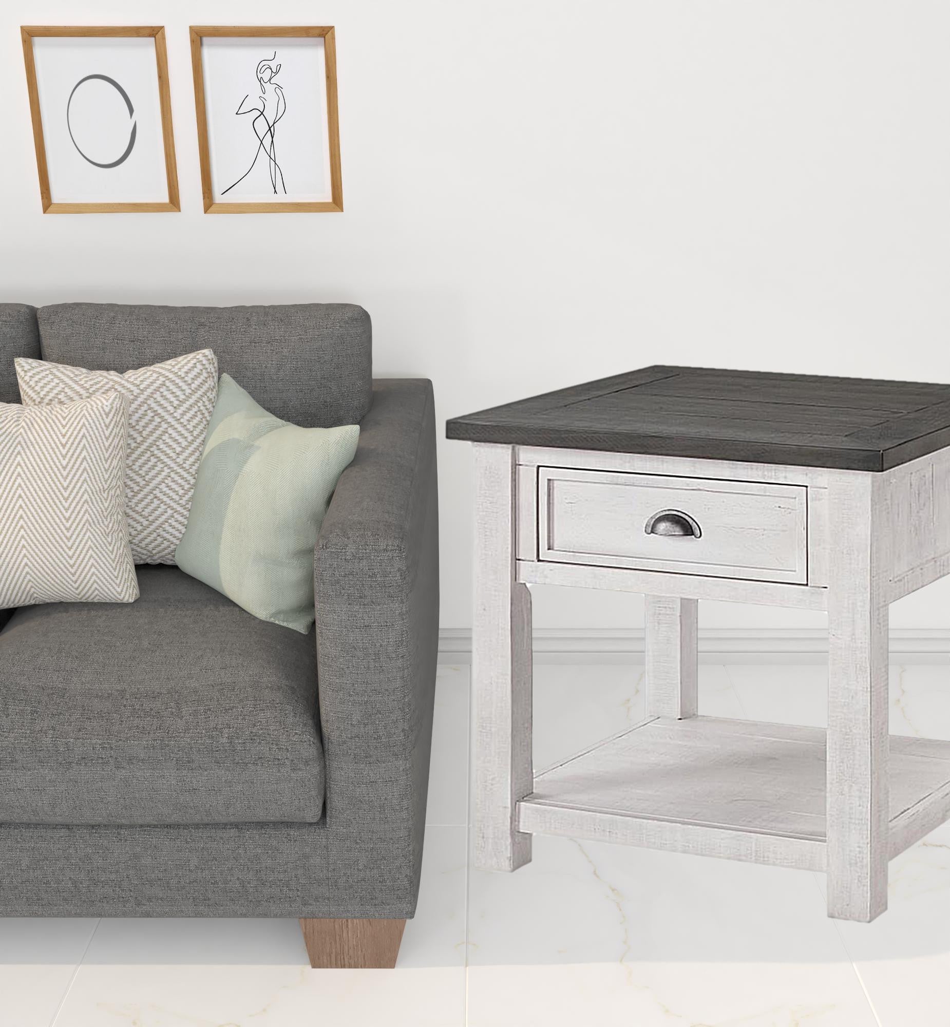 24" White and Grey Solid Wood End Table With Drawer And Shelf
