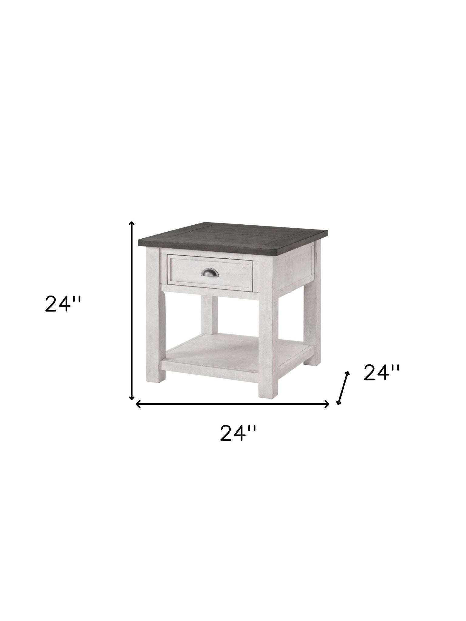 24" White and Grey Solid Wood End Table With Drawer And Shelf