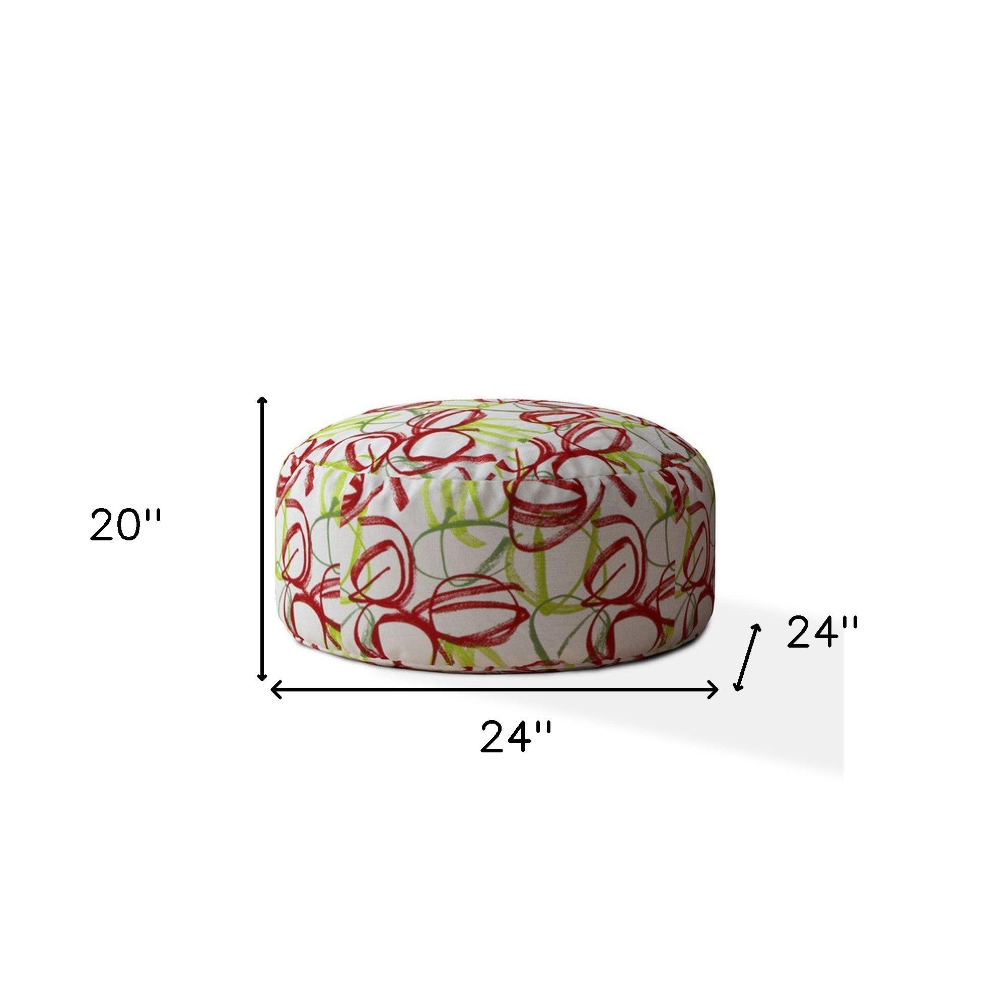 24" White Green And Red Cotton Round Abstract Pouf Ottoman