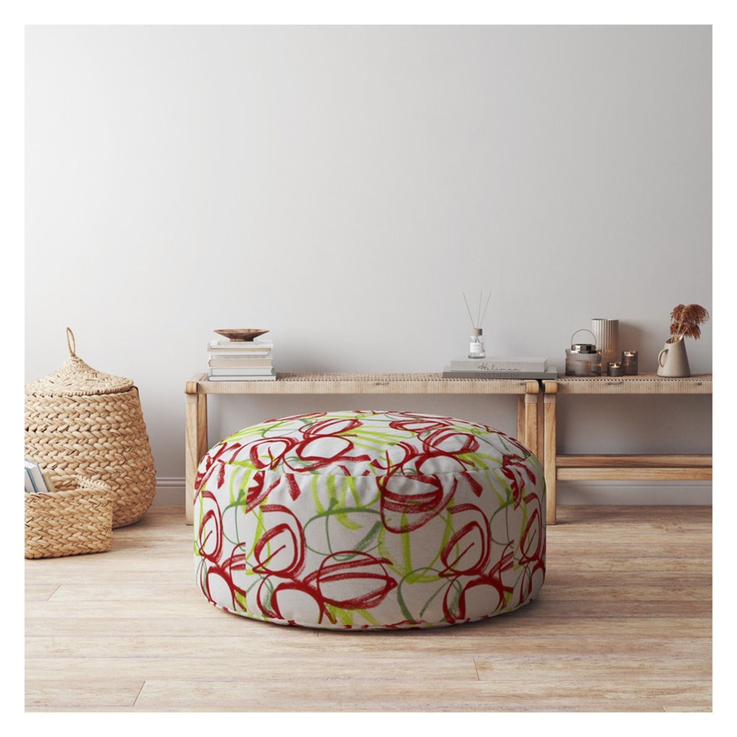 24" White Red And Green Cotton Round Abstract Pouf Ottoman