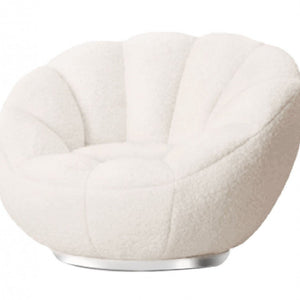 24" White Sherpa And Silver Clamshell Swivel Barrel Chair