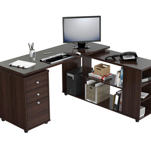 60" Espresso Mirrored L Shape Computer Desk With Three Drawers