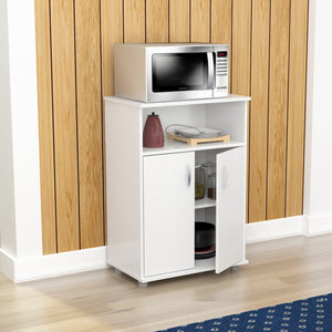 White Finish Wood Microwave Cart With Cabinet