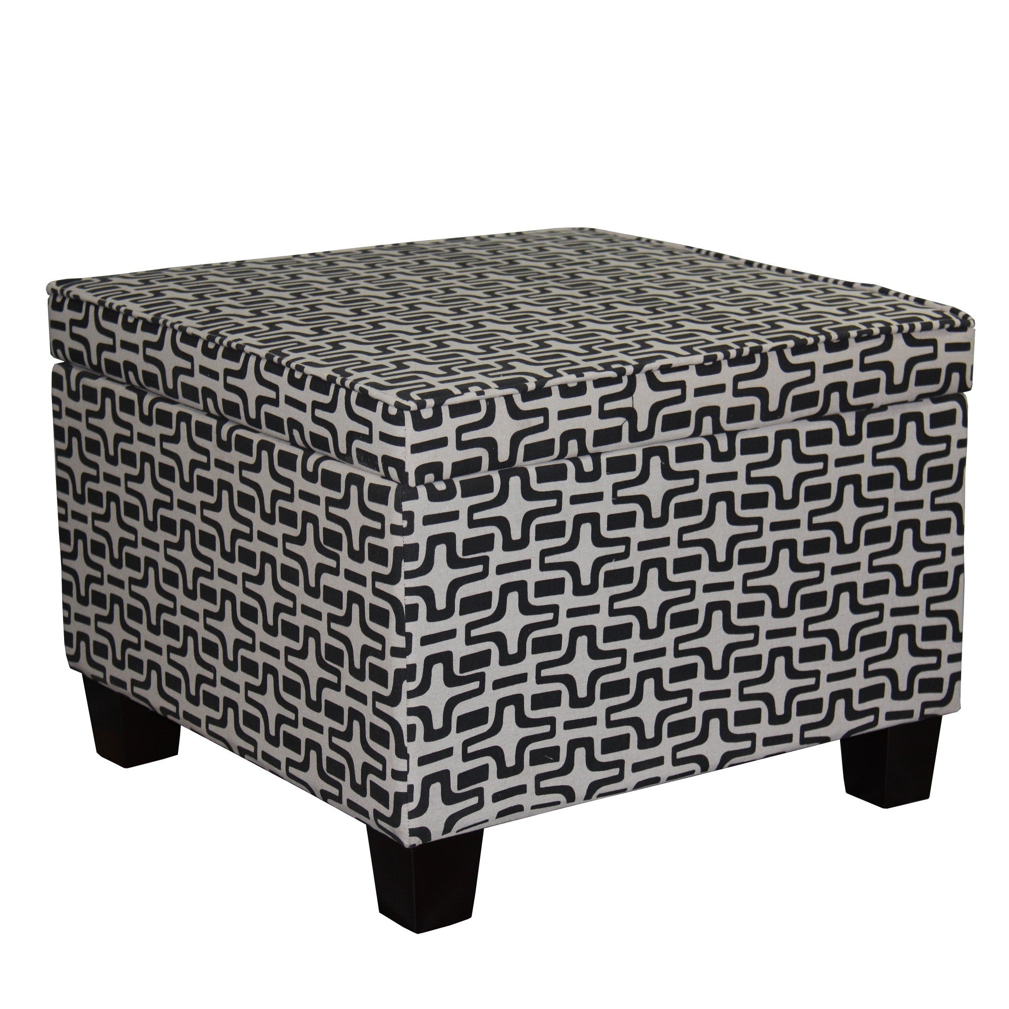 25" Black And White Polyester Blend And Black Geometric Storage Ottoman