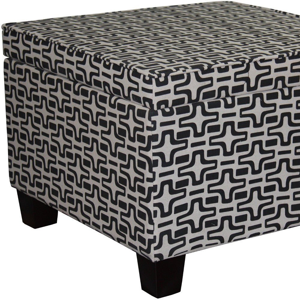 25" Black And White Polyester Blend And Black Geometric Storage Ottoman