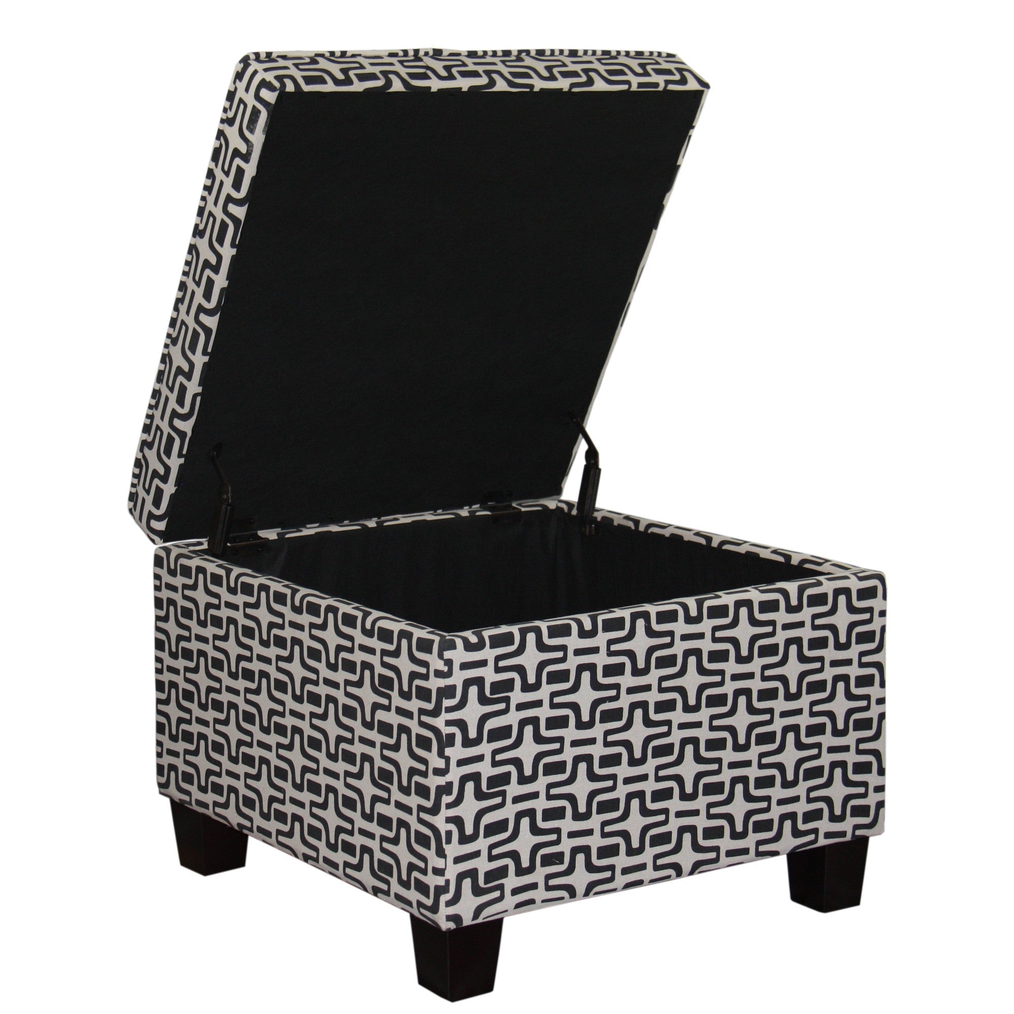 25" Black And White Polyester Blend And Black Geometric Storage Ottoman