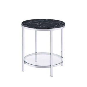 25" Chrome And Black Faux Marble And Metal Round End Table With Shelf