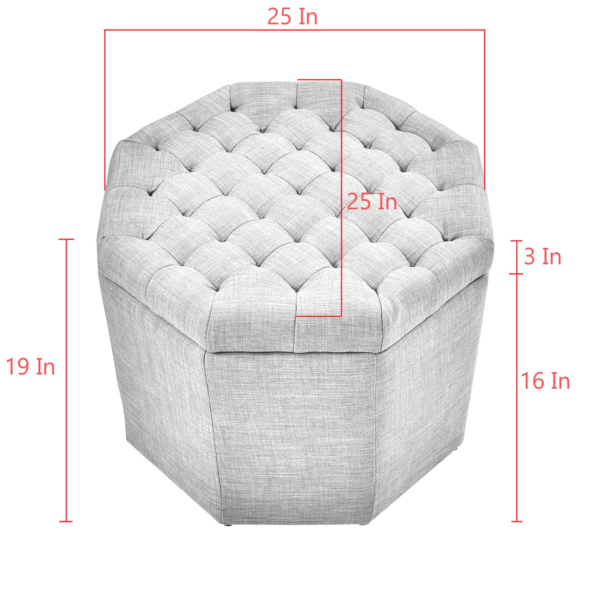 25" White Linen And Black Tufted Specialty Storage Ottoman