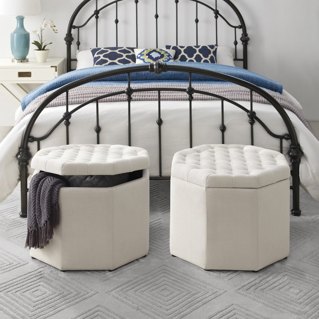 25" White Linen And Black Tufted Specialty Storage Ottoman