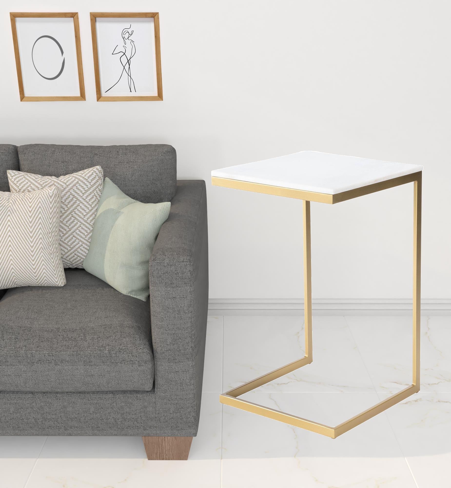 26" Antique Gold and White Marble Square C Shape End Table