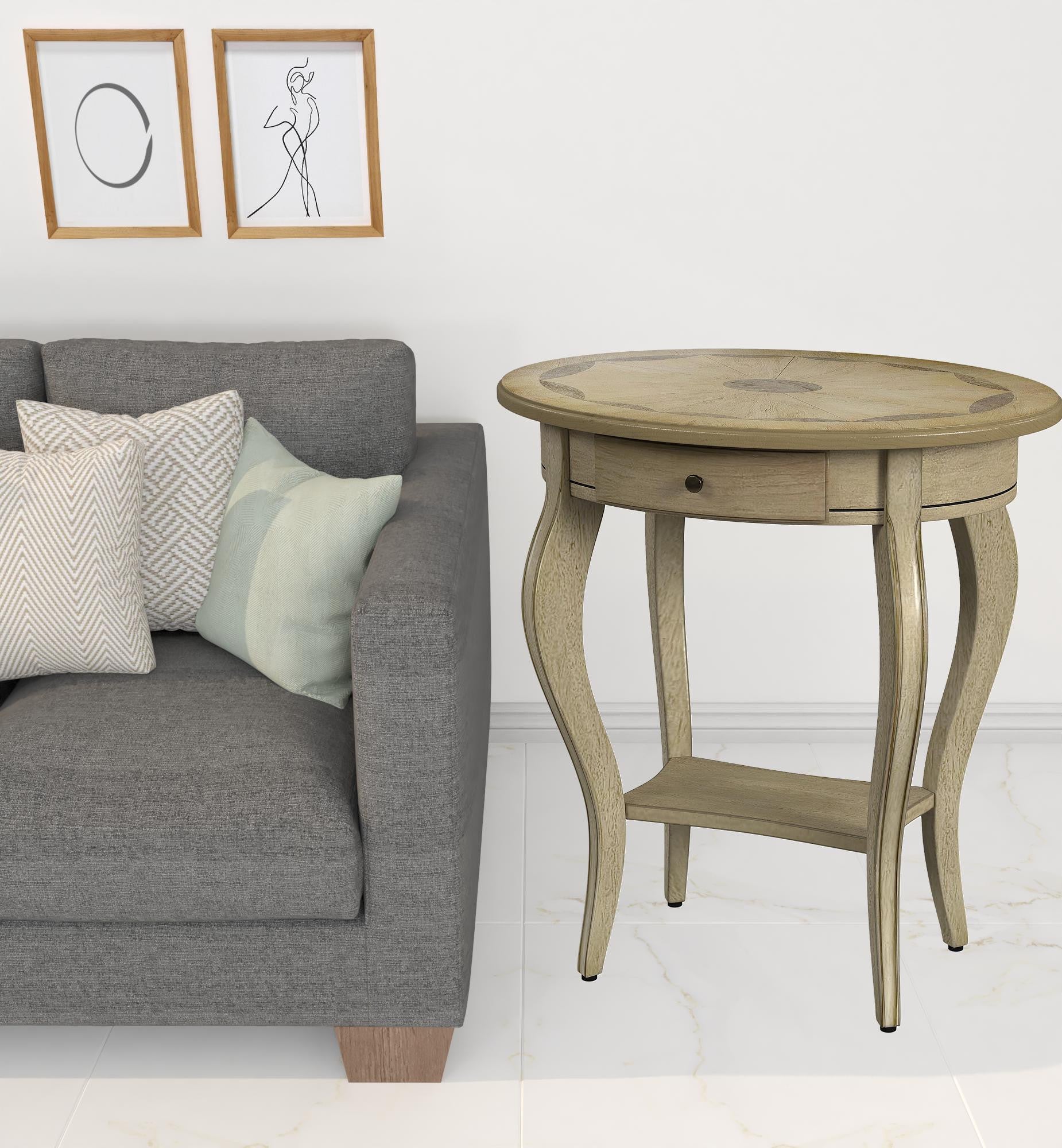 26" Beige Manufactured Wood Oval End Table With Drawer And Shelf