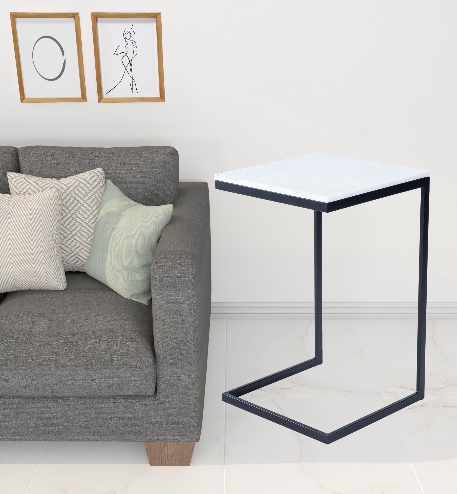 26" Black and White Marble Square C Shape End Table