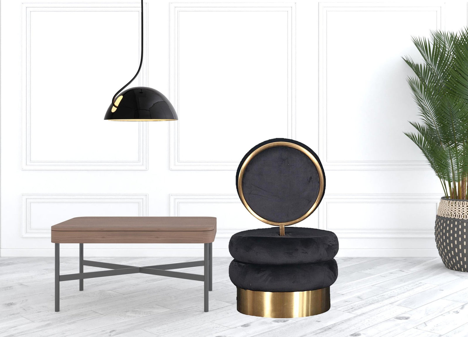 26" Black Velvet And Gold Contemporary Barrel Chair