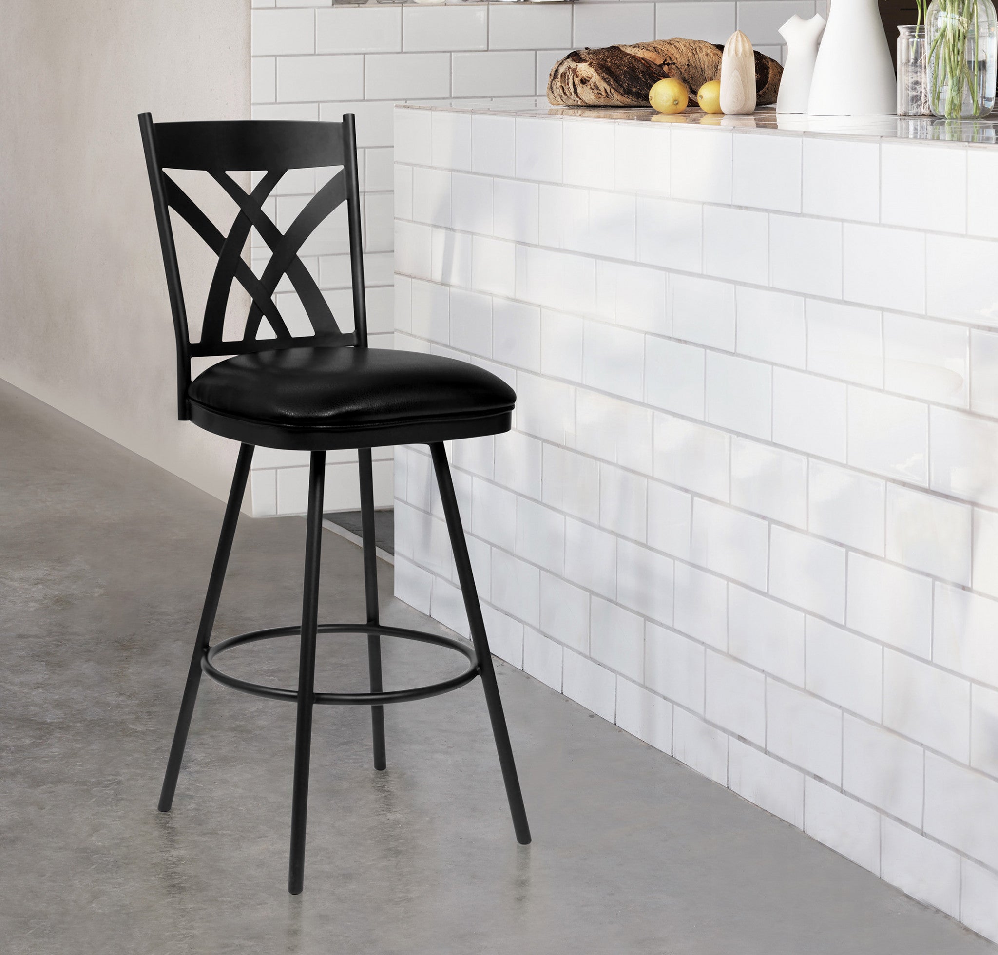 26" Stylish Black Faux Leather Black Metal Lattice Back Swivel Bar Stool