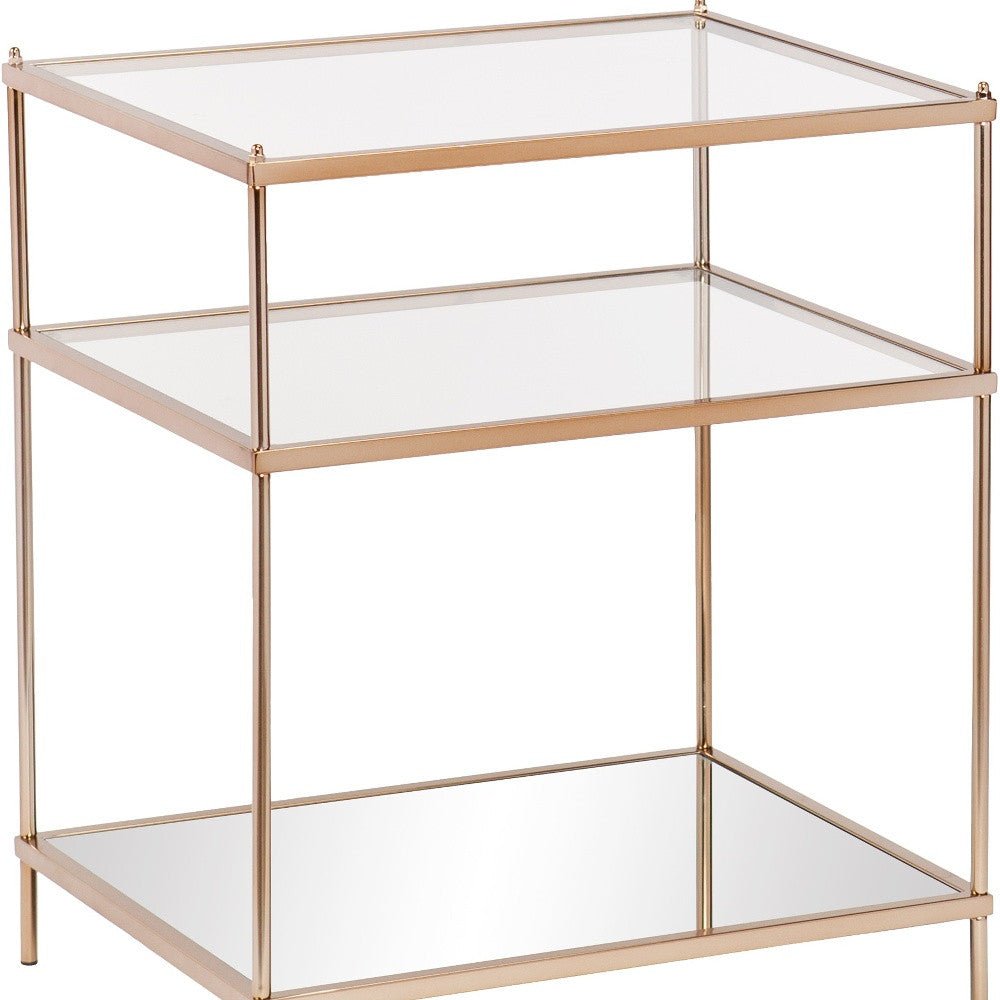27" Gold Glass And Iron Square Mirrored End Table With Shelf