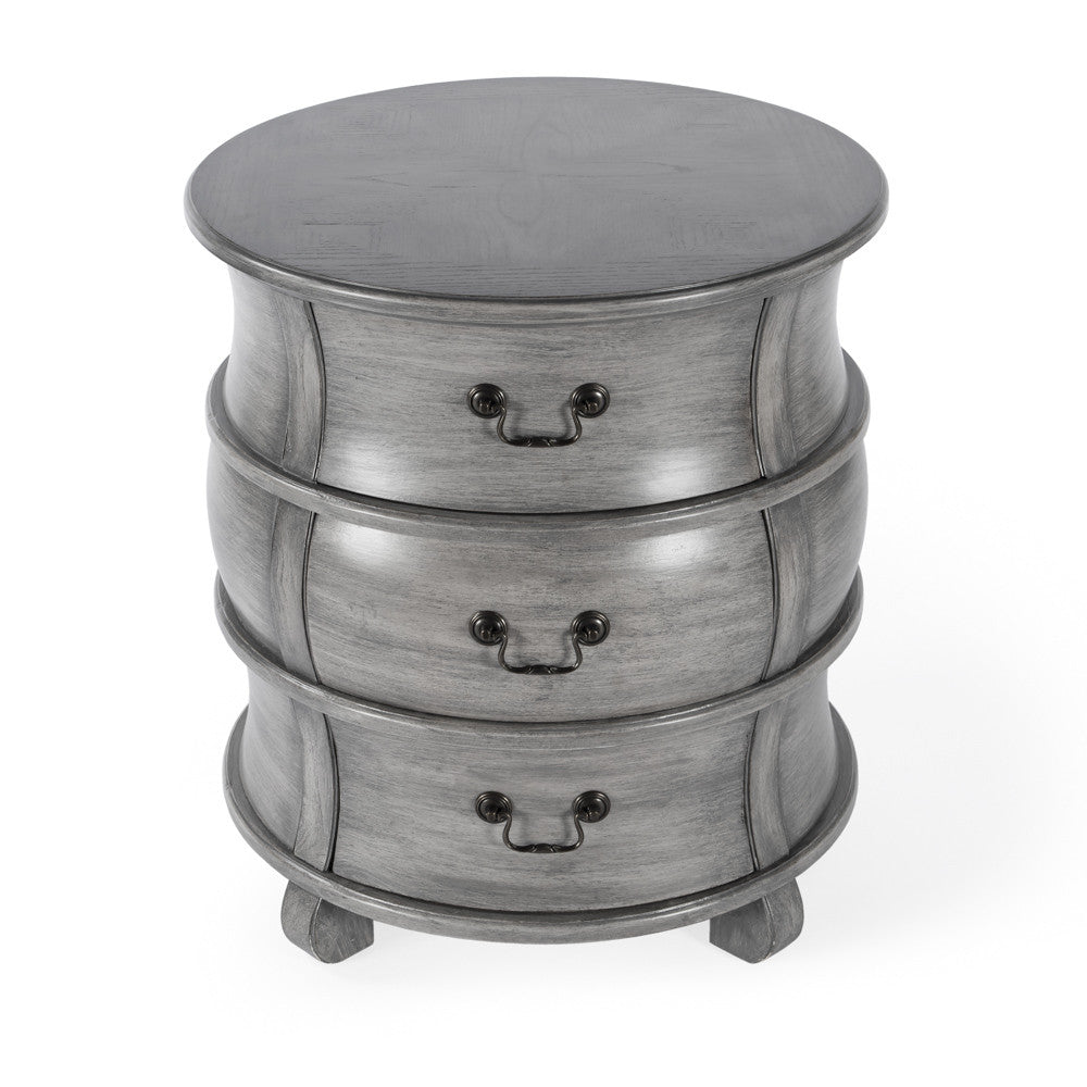 27" Grey Wood Round End Table With Three Drawers