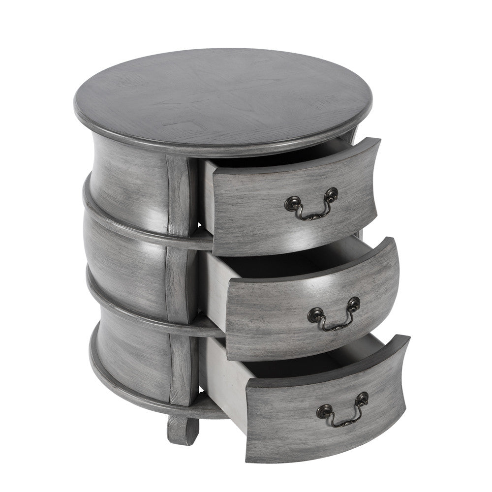 27" Grey Wood Round End Table With Three Drawers