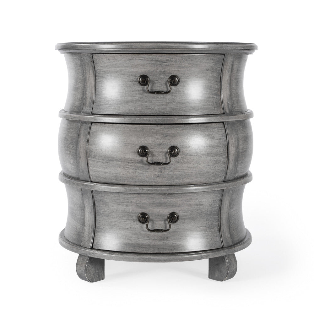 27" Grey Wood Round End Table With Three Drawers