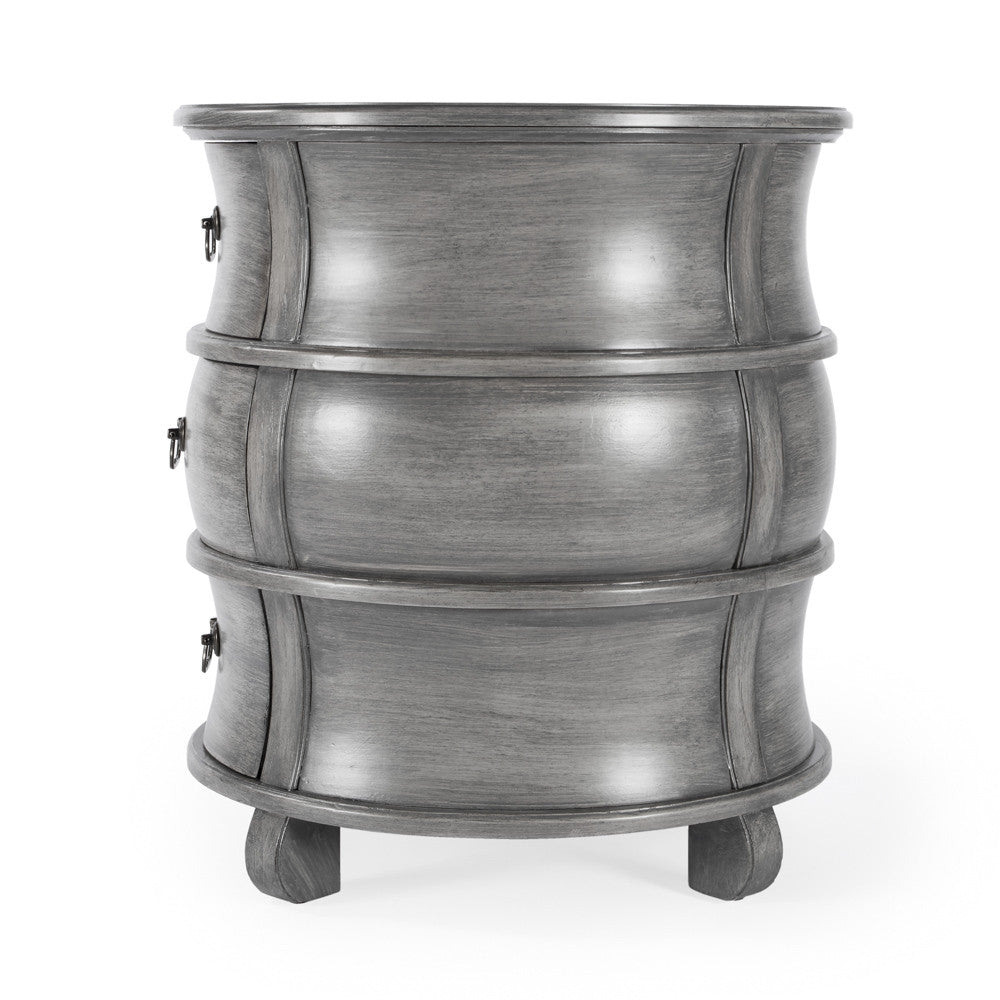 27" Grey Wood Round End Table With Three Drawers