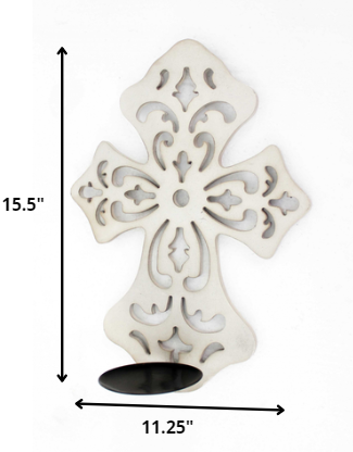 15.5 X 5 X 11 White Wooden Cross - Candle Holder Sconce