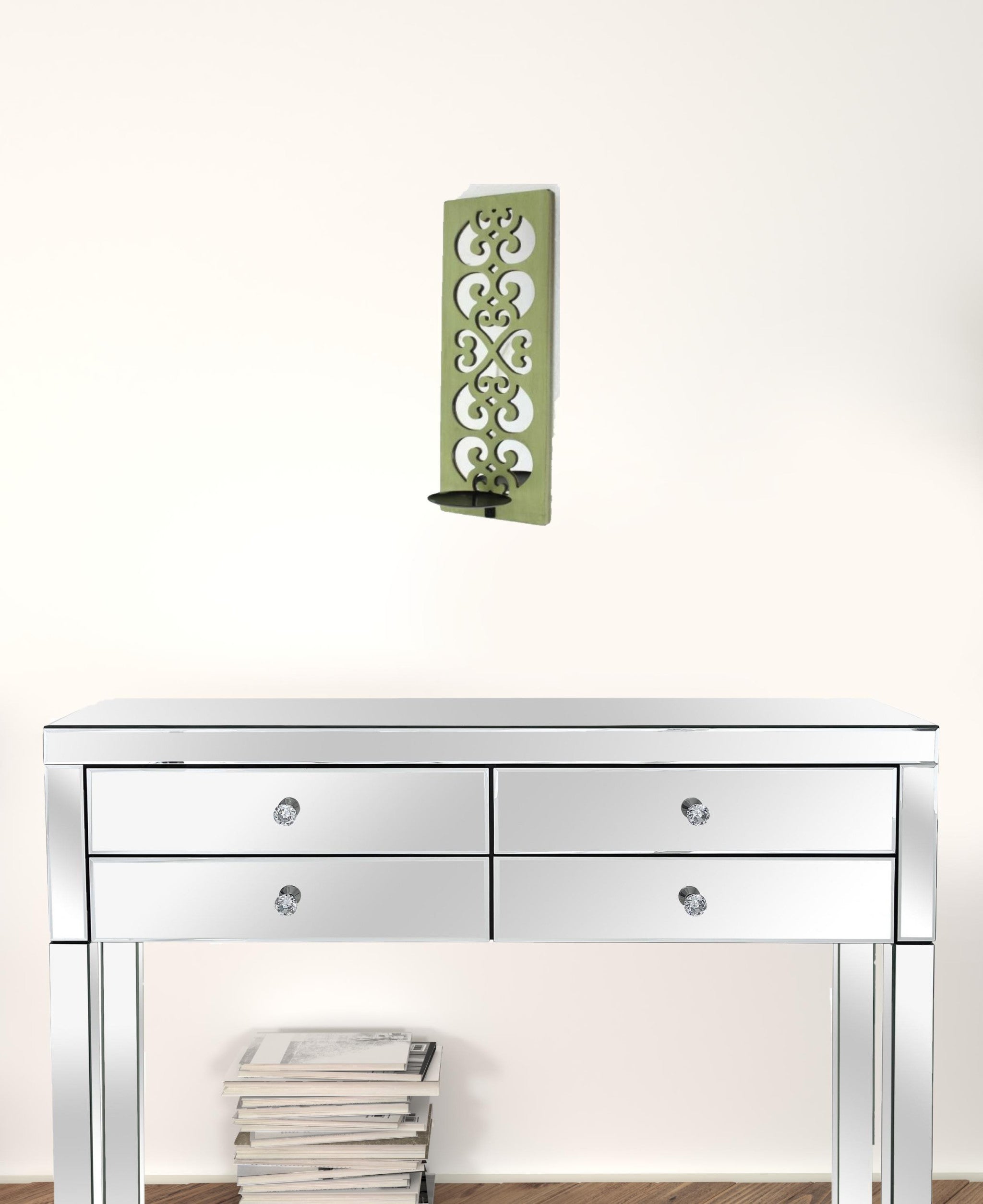 17" X 5" X 6" Green, Wood, Mirror - Candle Holder Sconce