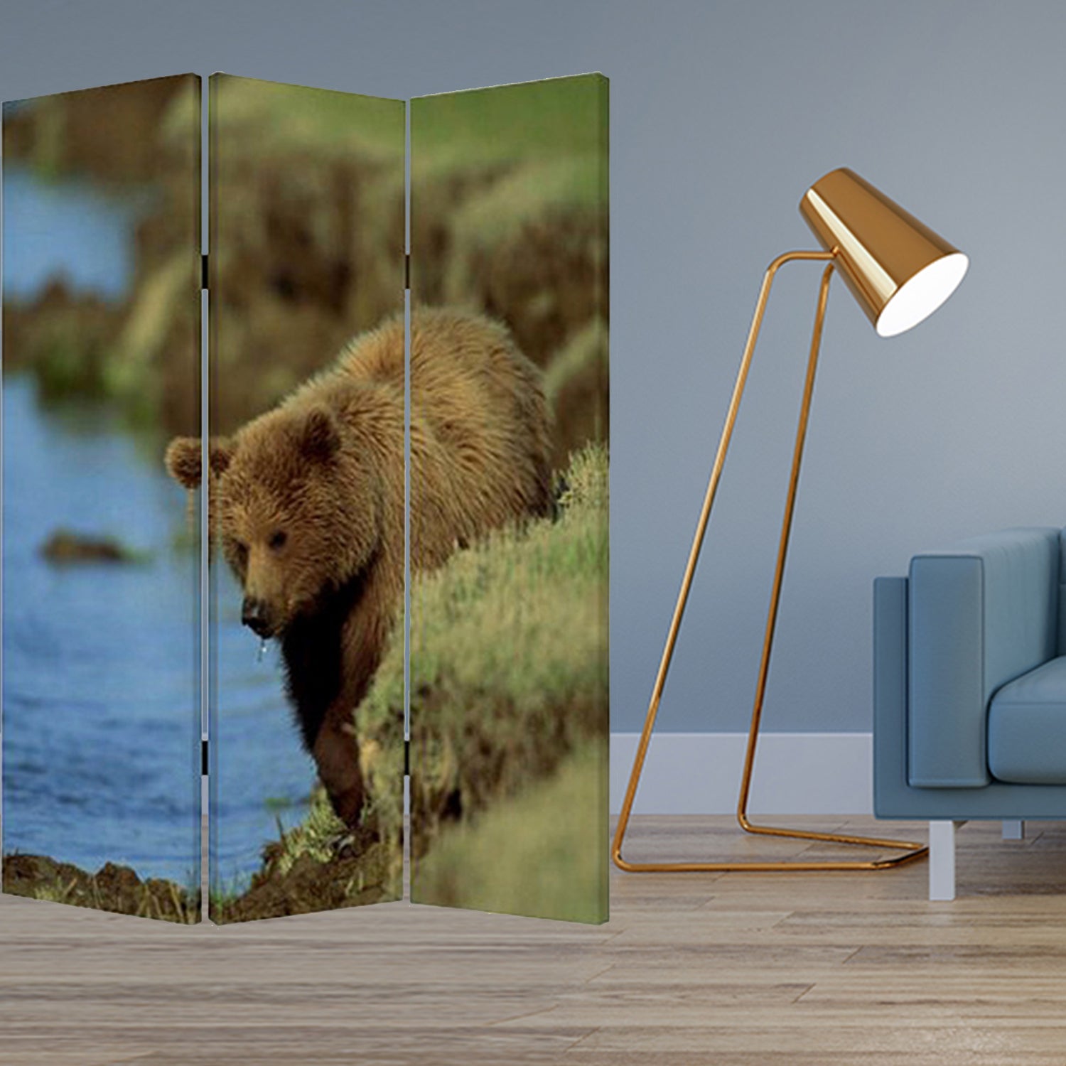1" X 48" X 72" Multi Color Wood Canvas Bear  Screen