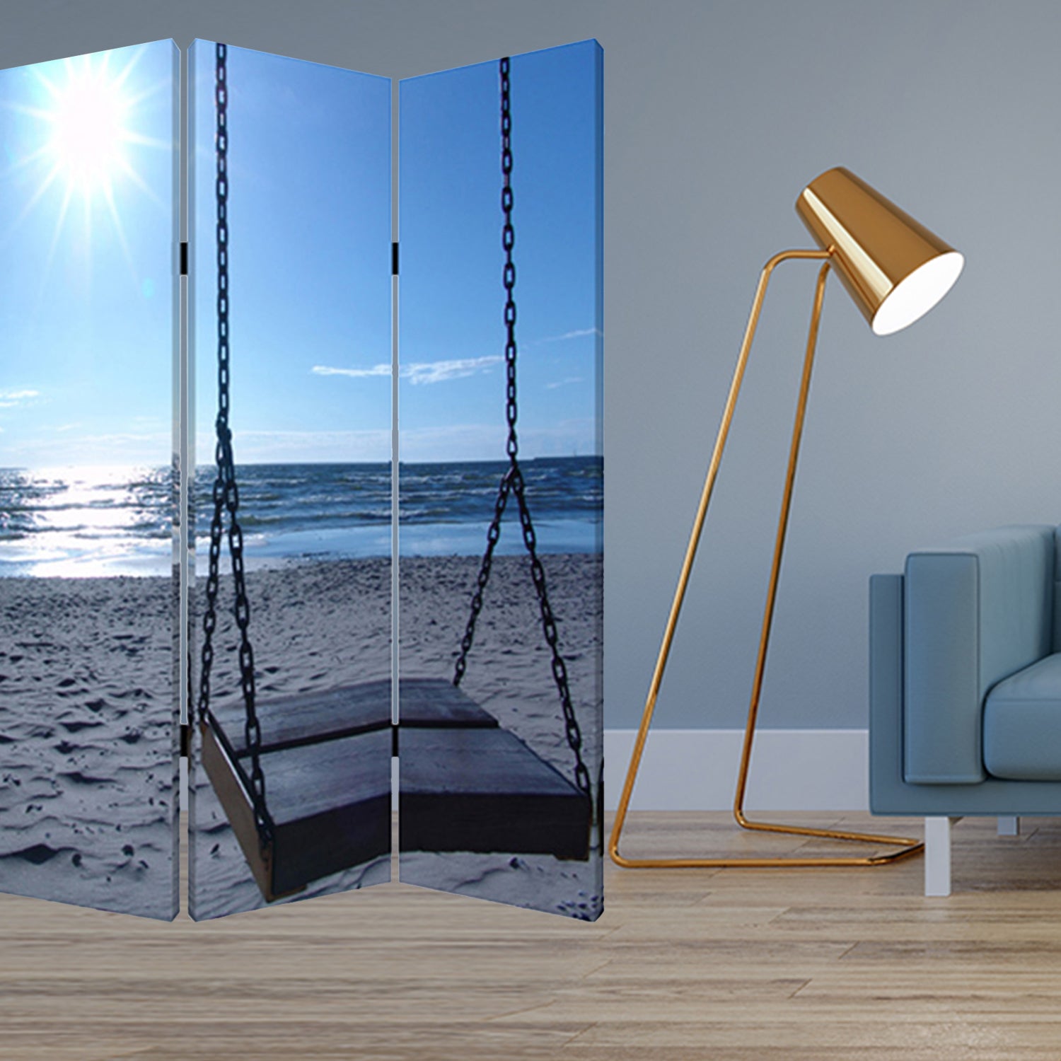 1" X 48" X 72" Multi Color Wood Canvas Seaside Serenity  Screen