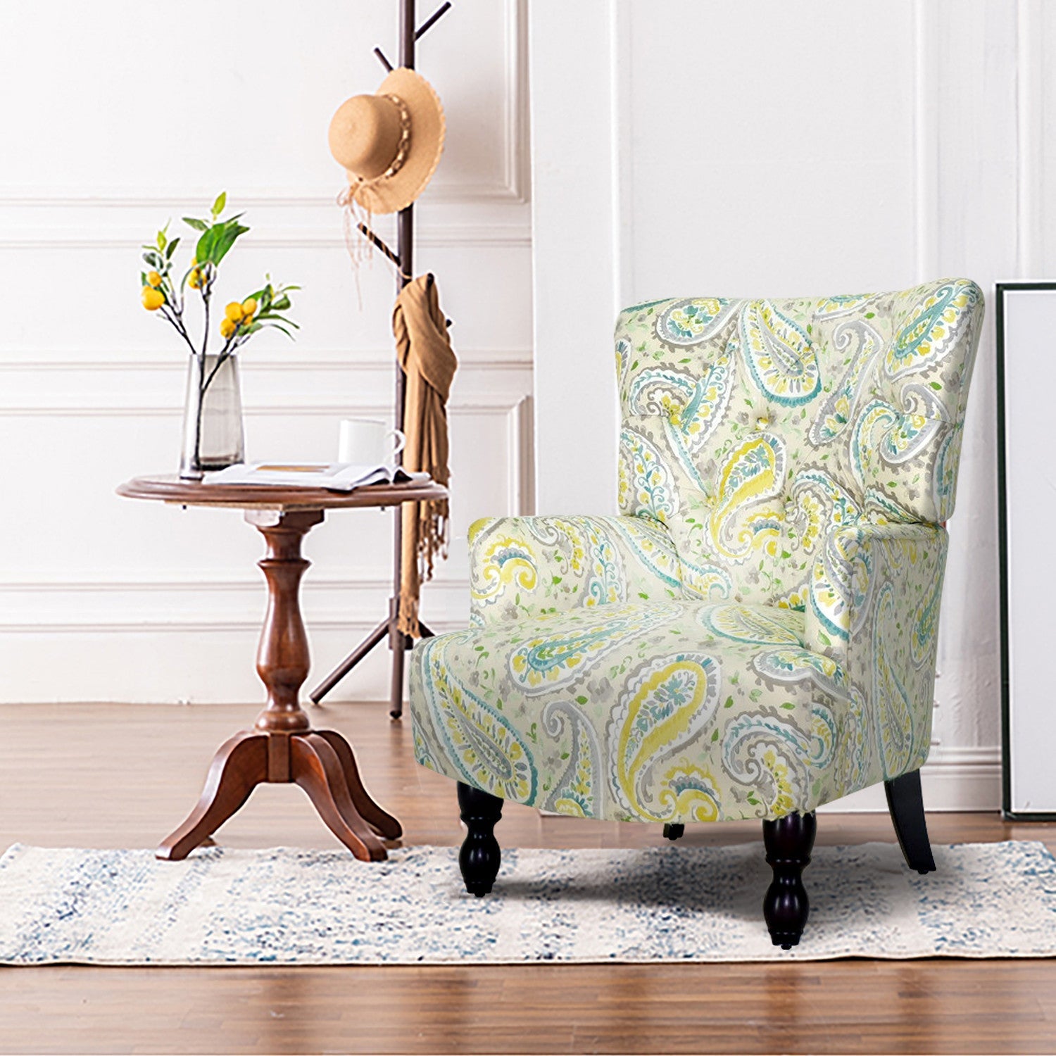 28" Aqua Lemongrass And Brown Polyester Blend Paisley Arm Chair