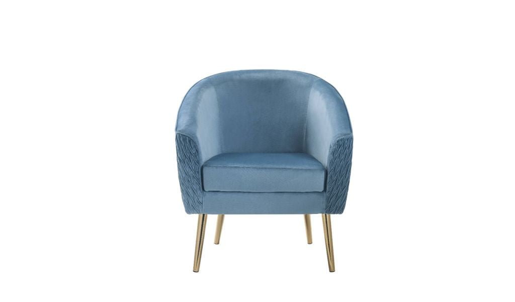 28" Blue Velvet And Gold Ikat Barrel Chair