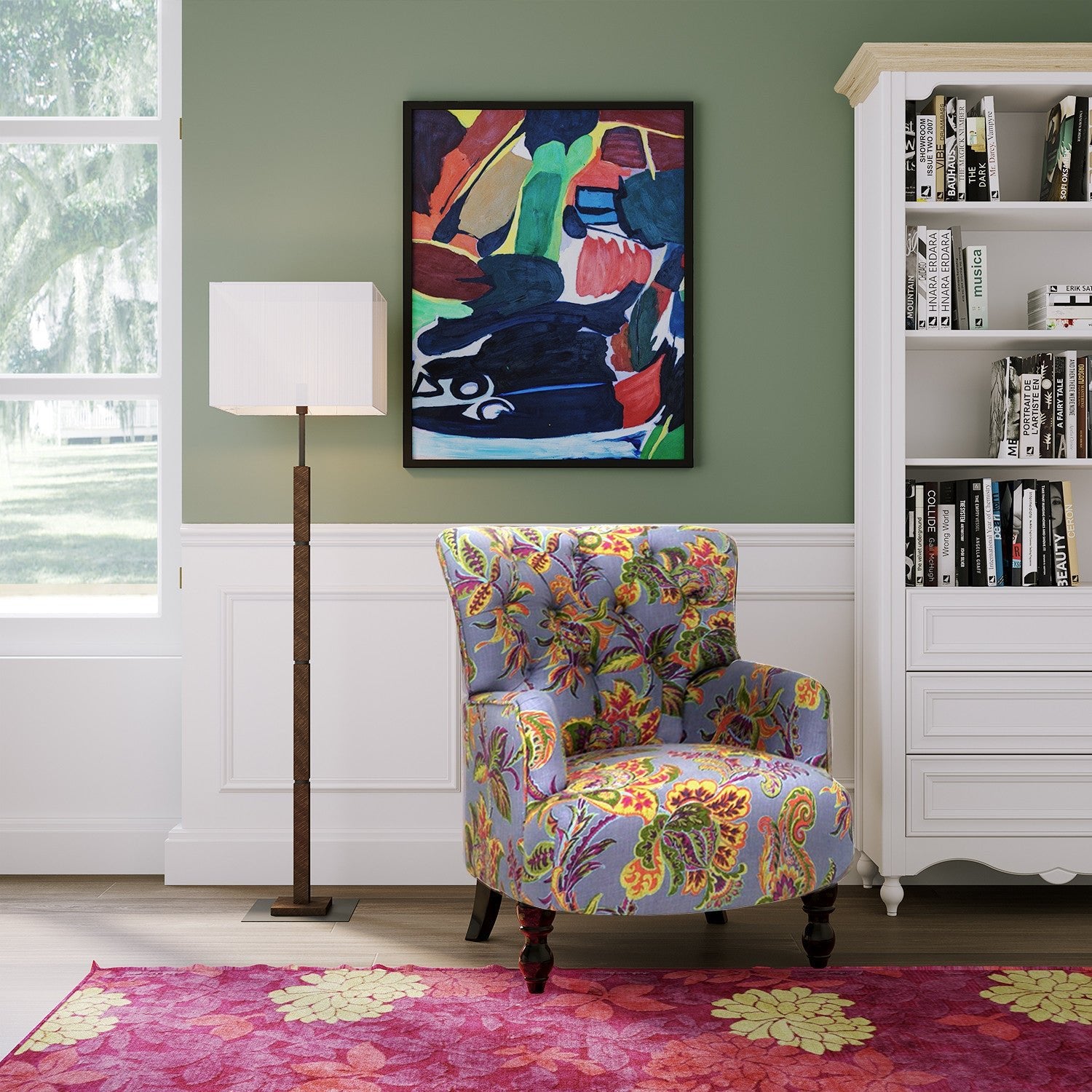 28" Grey Golden And Brown Polyester Blend Floral Arm Chair