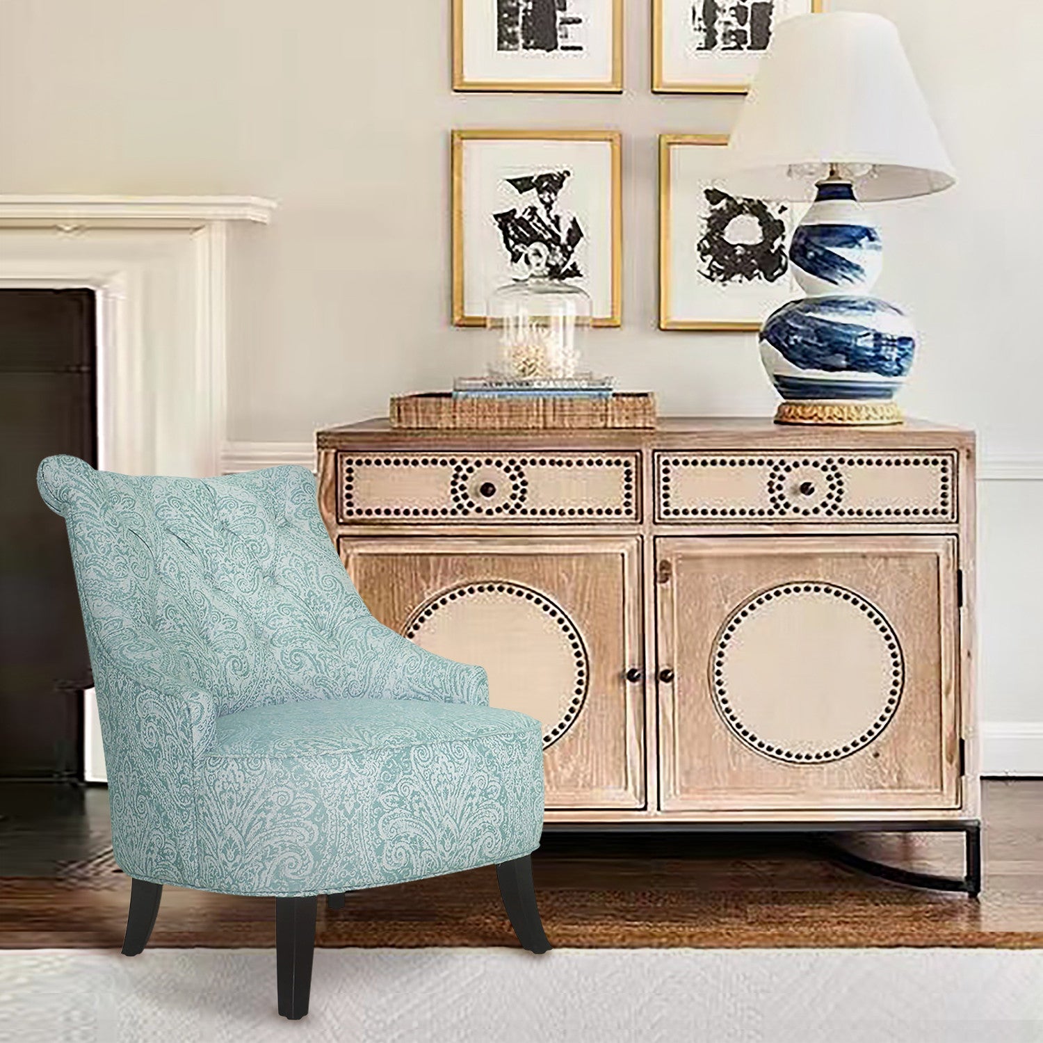 28" Shades Of Aqua And Brown Polyester Blend Damask Wingback Chair