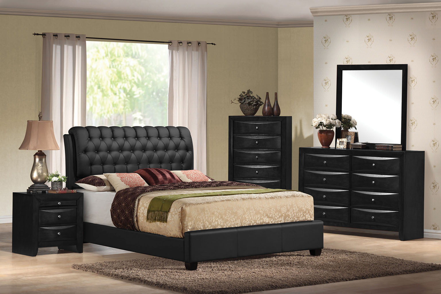 Black Pu Button Tufted King Bed - 90" X 79" X 49"