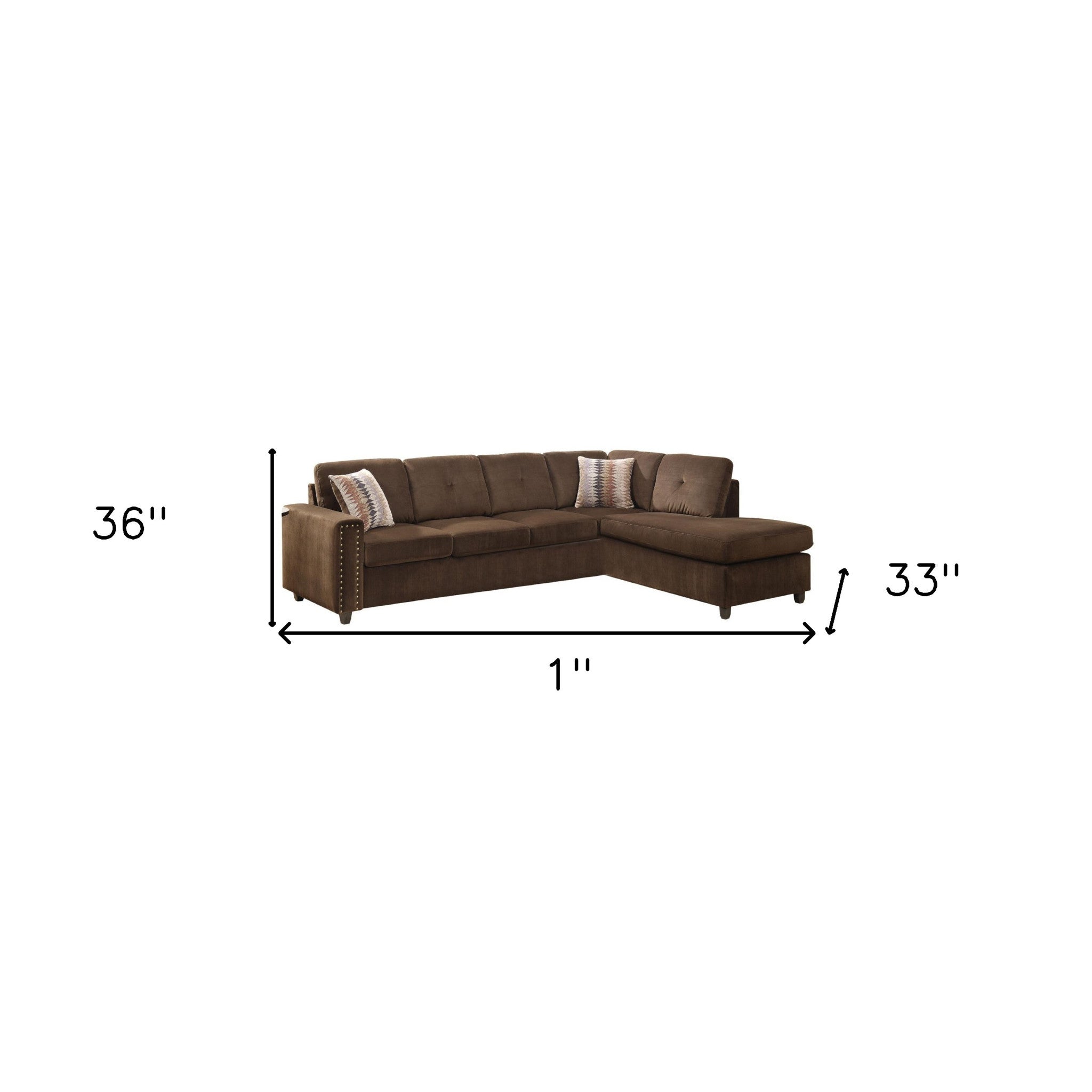 79" X 33" X 36" Chocolate Velvet Reversible Sectional Sofa With Pillows