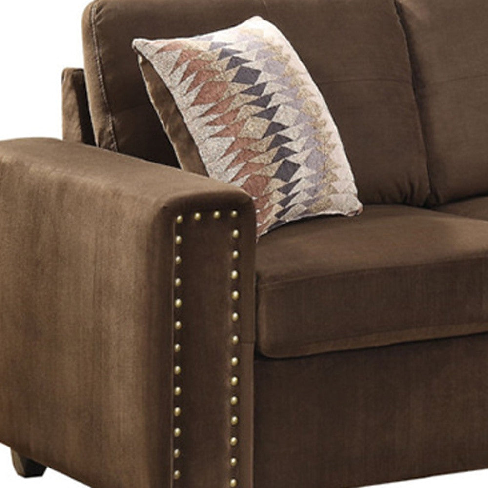 79" X 33" X 36" Chocolate Velvet Reversible Sectional Sofa With Pillows