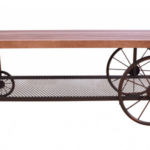 Rectangular Oak Finish Coffee Table With Metal Mesh Bottom Shelf