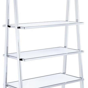 71" White And Silver Metal Five Tier Ladder Bookcase