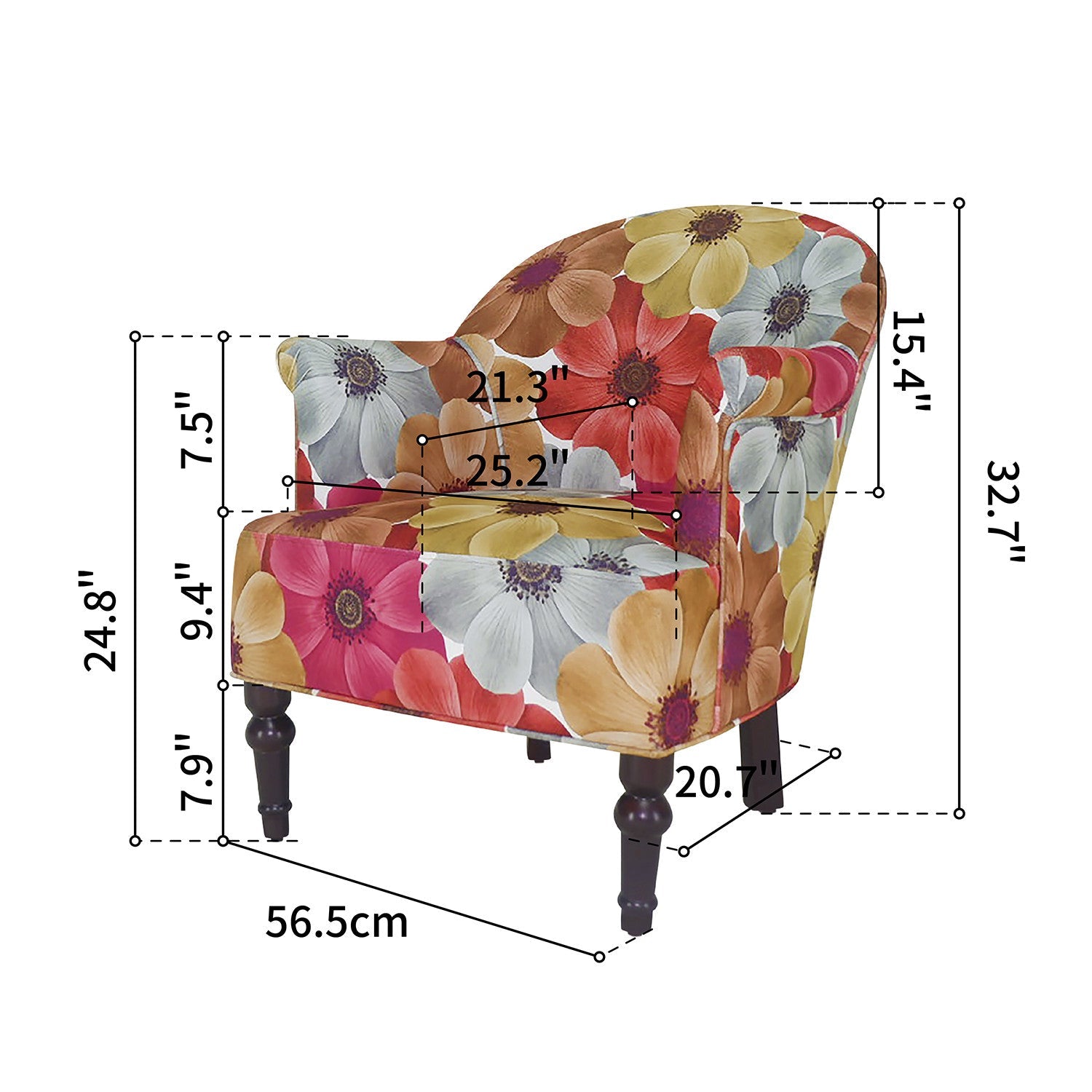 29" Red Gray And Brown Polyester Blend Floral Arm Chair