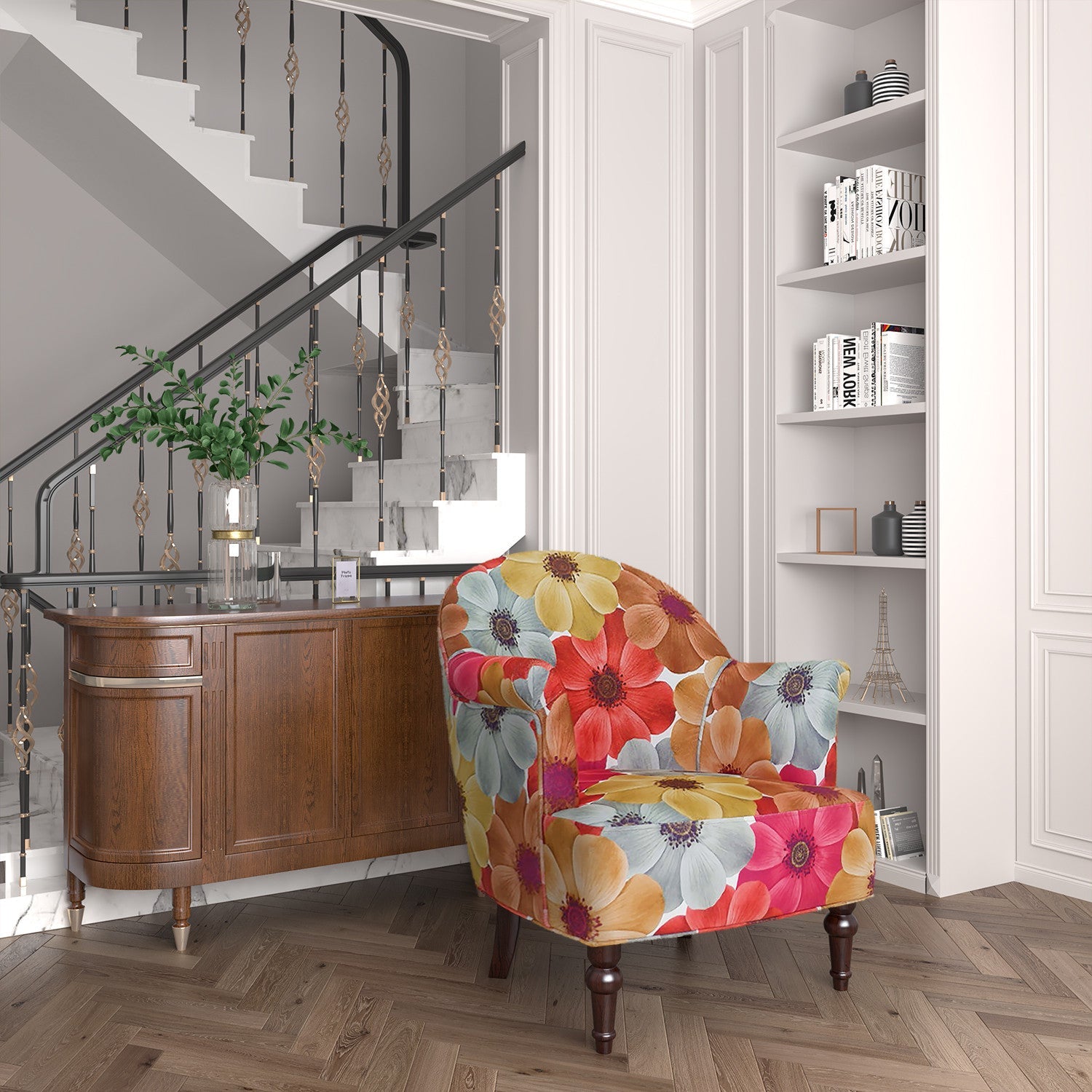 29" Red Gray And Brown Polyester Blend Floral Arm Chair