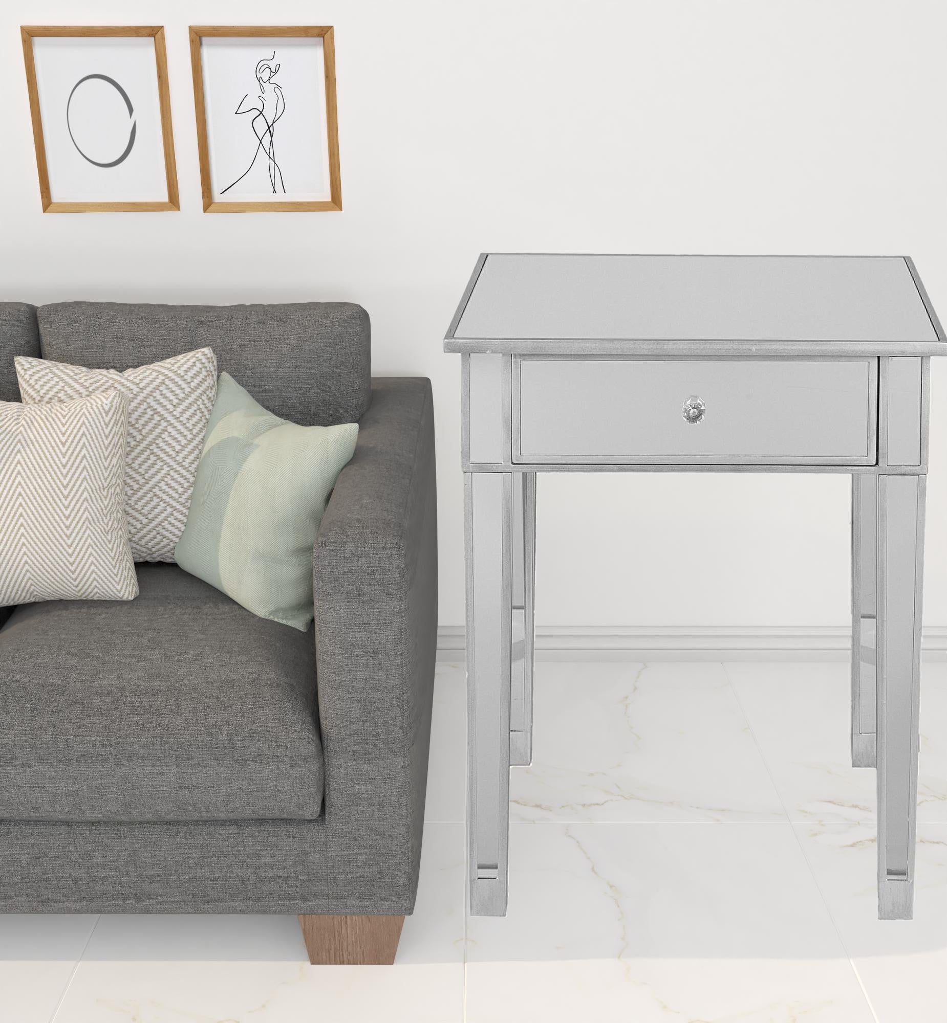 29" Silver And Reflective Glass Square Mirrored End Table