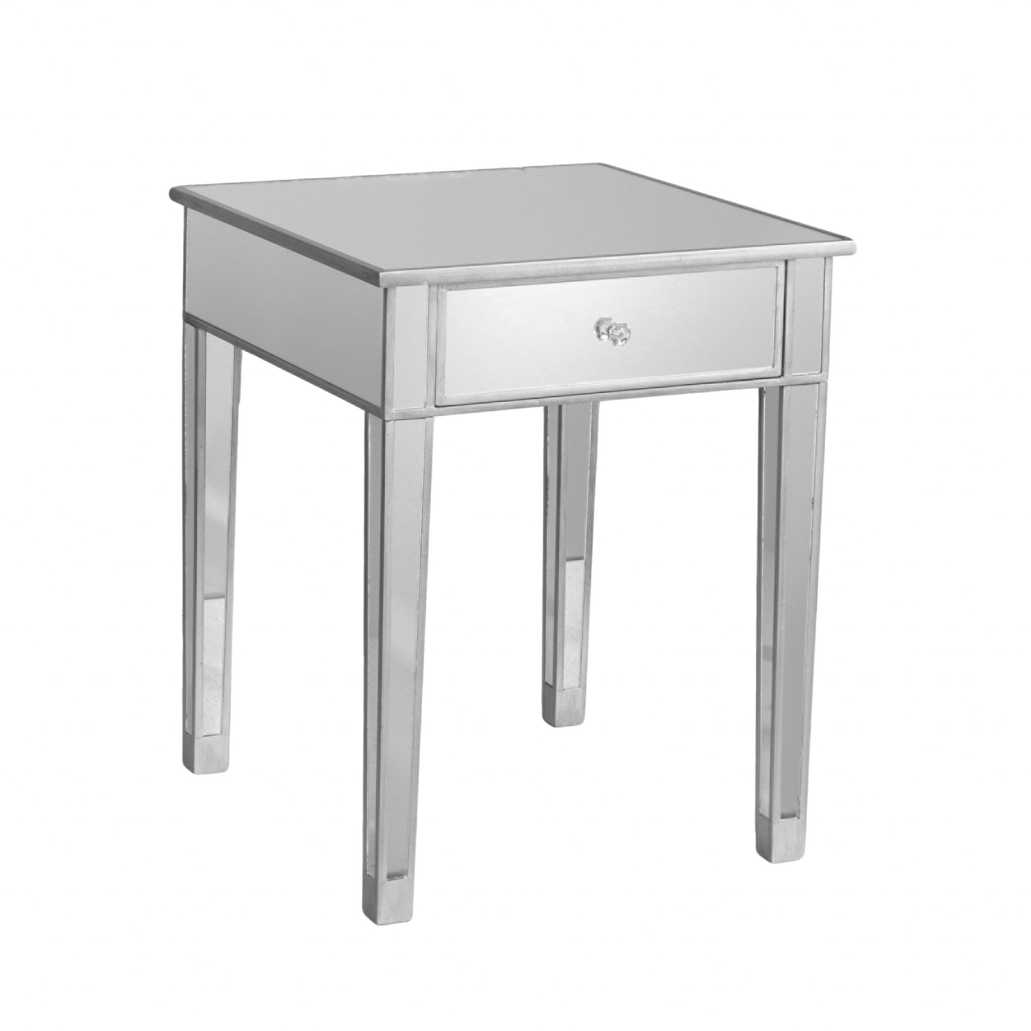 29" Silver And Reflective Glass Square Mirrored End Table