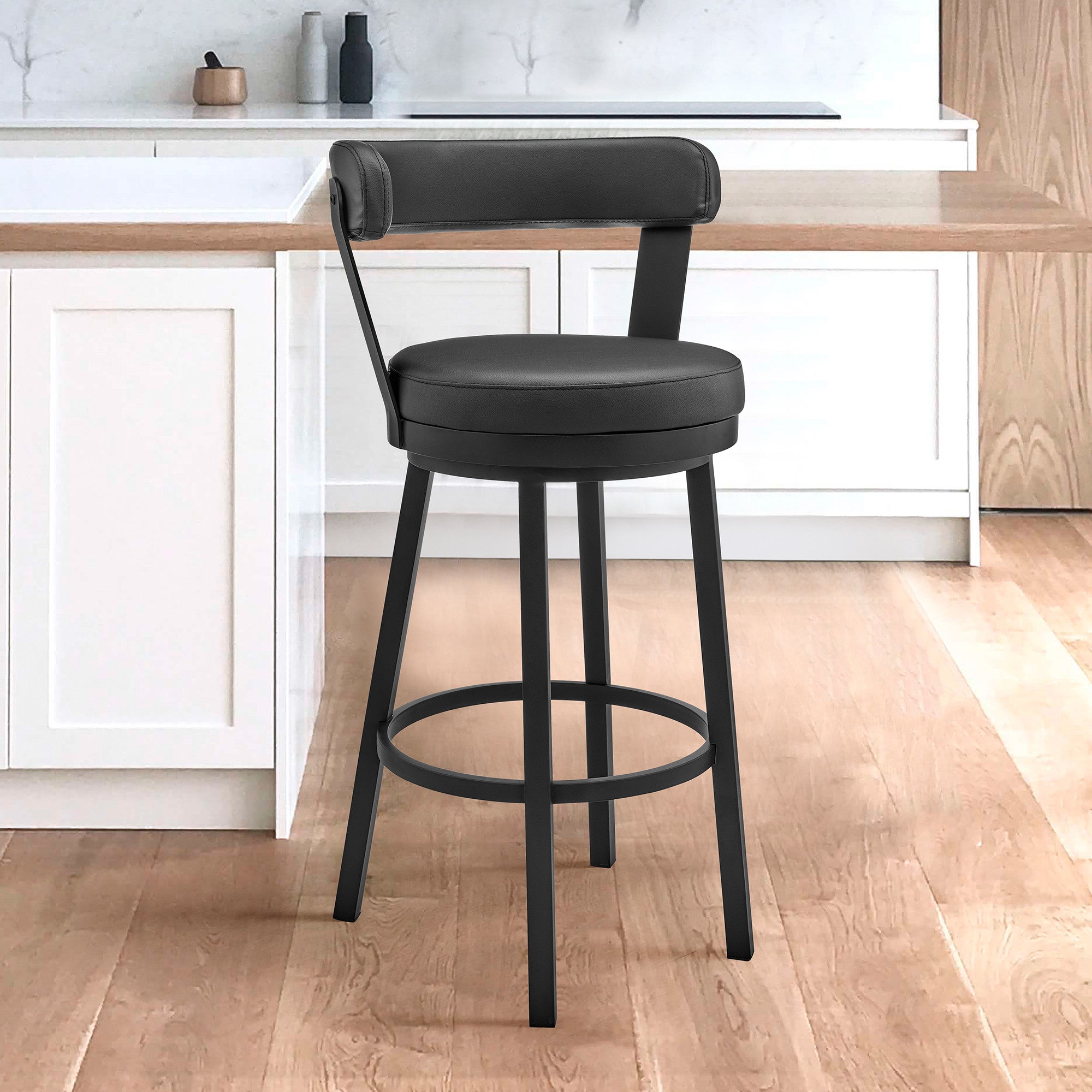 30" Chic Black Faux Leather with Black Finish Swivel Bar Stool