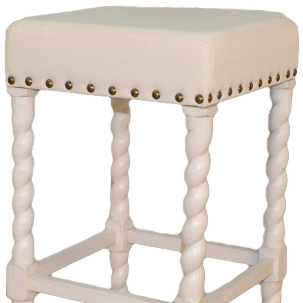 30" Cream Faux Leather And Solid Wood Backless Bar Height Chair With Footrest