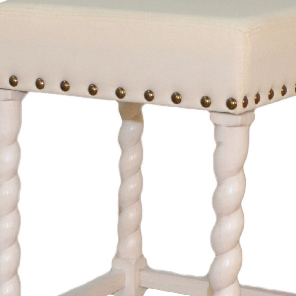 30" Cream Faux Leather And Solid Wood Backless Bar Height Chair With Footrest