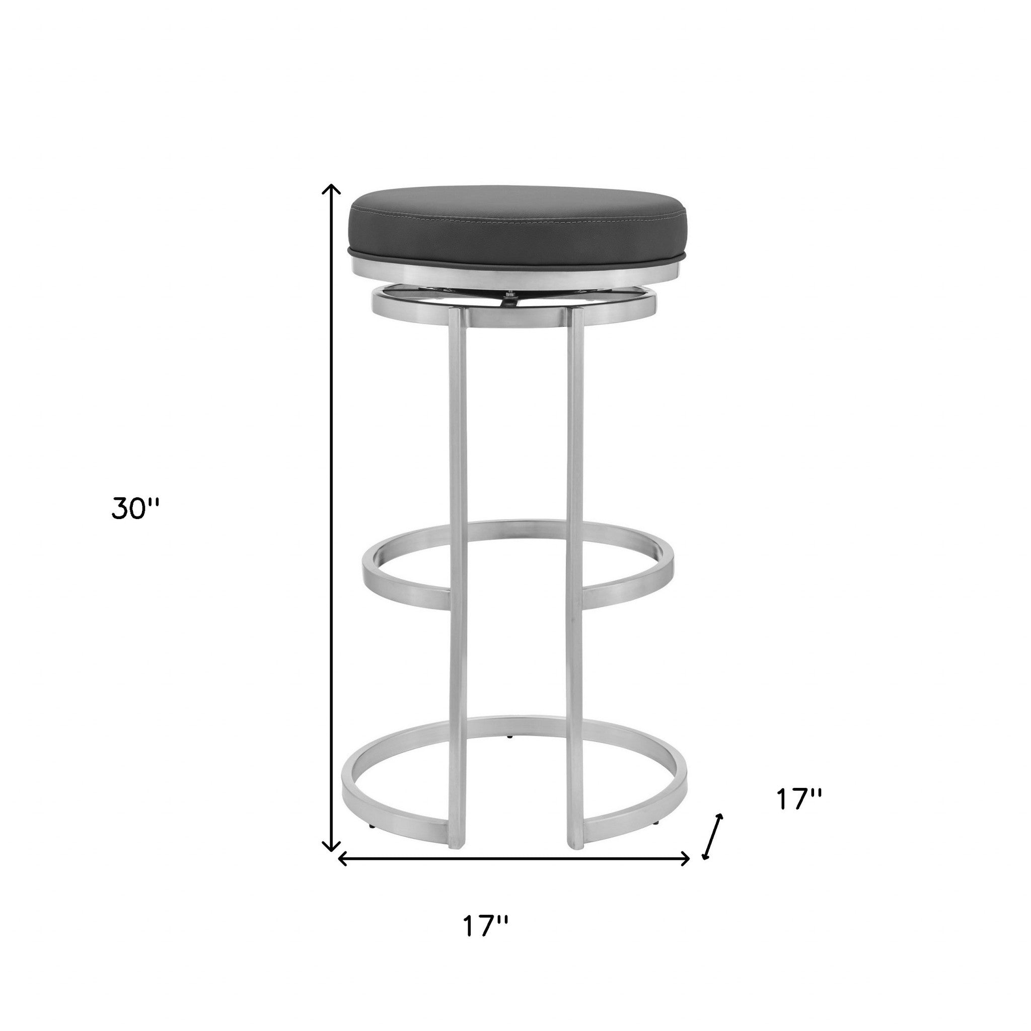 30" Gray Faux Leather And Iron Swivel Backless Bar Height Chair