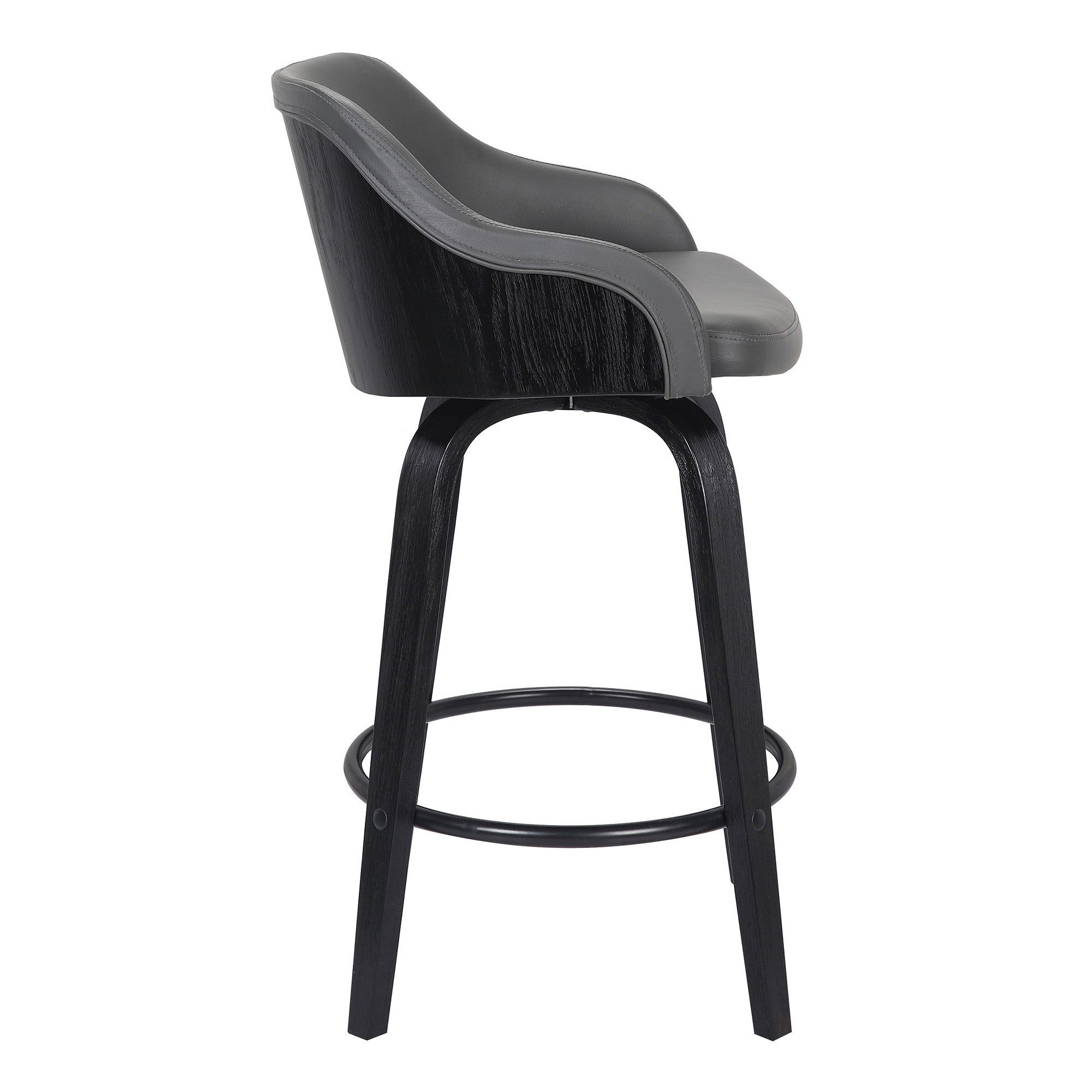 30” Gray Swivel Faux Leather Black Wooden Bar Stool
