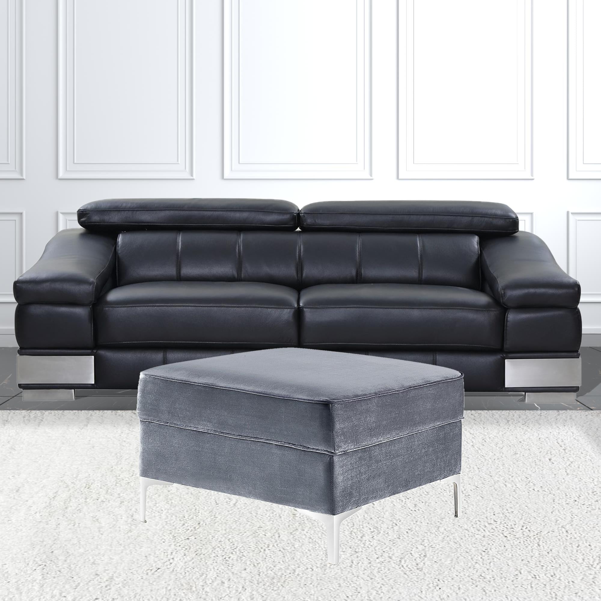 30" Gray Velvet And Silver Storage Ottoman