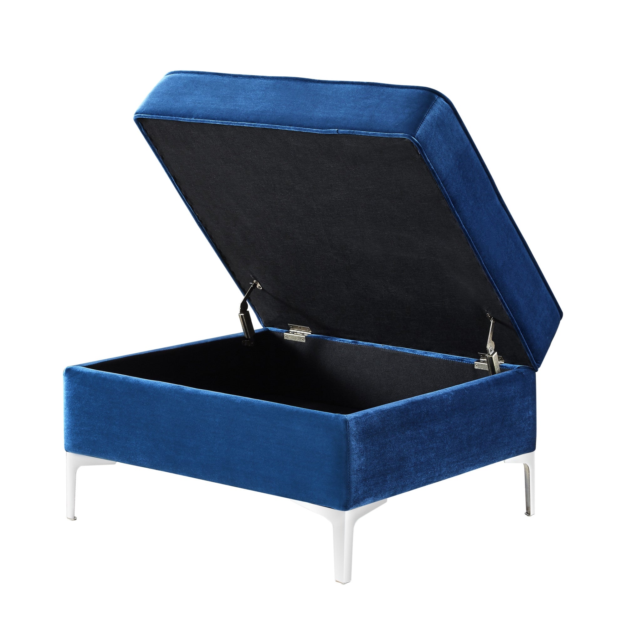 30" Navy Blue Velvet And Silver Storage Ottoman