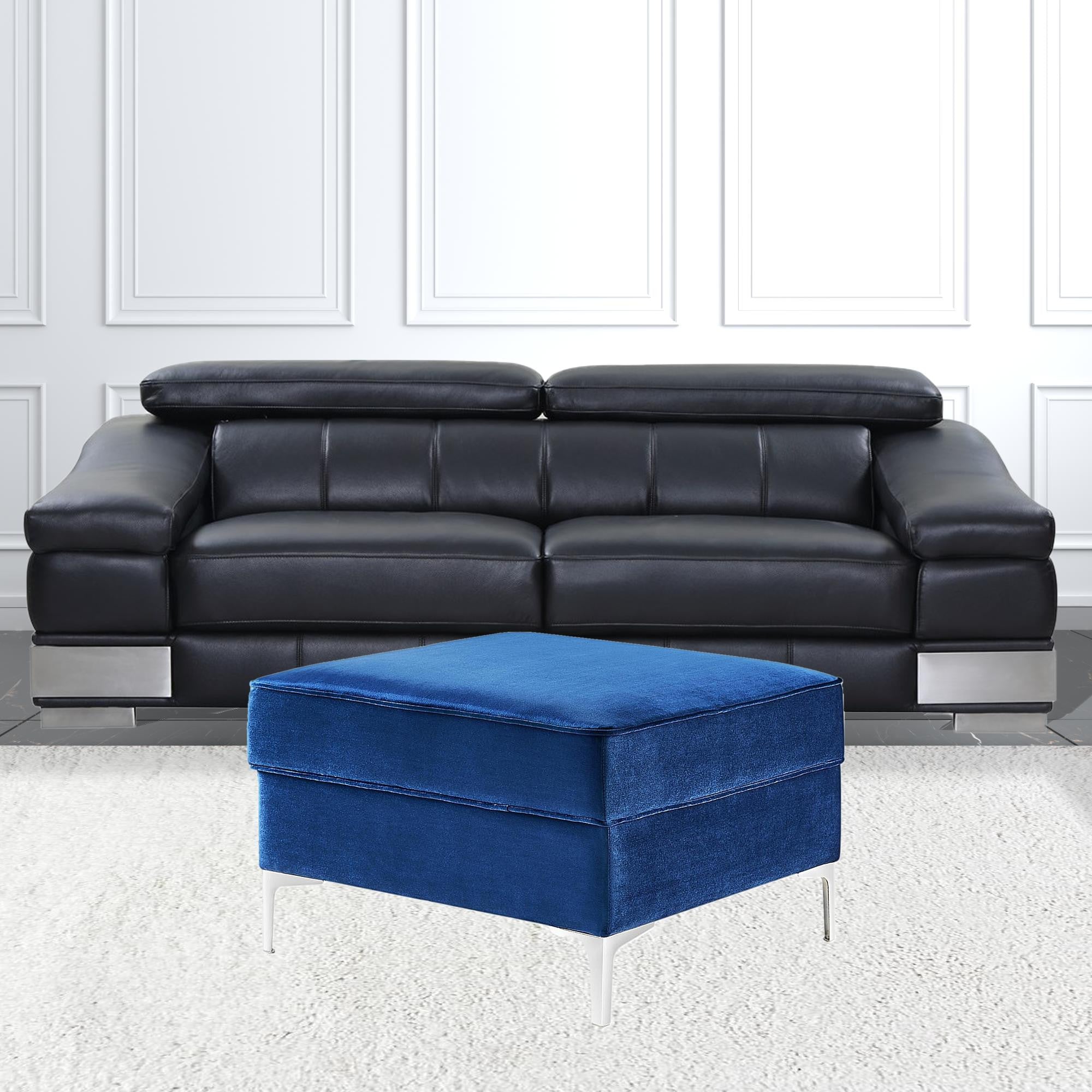 30" Navy Blue Velvet And Silver Storage Ottoman