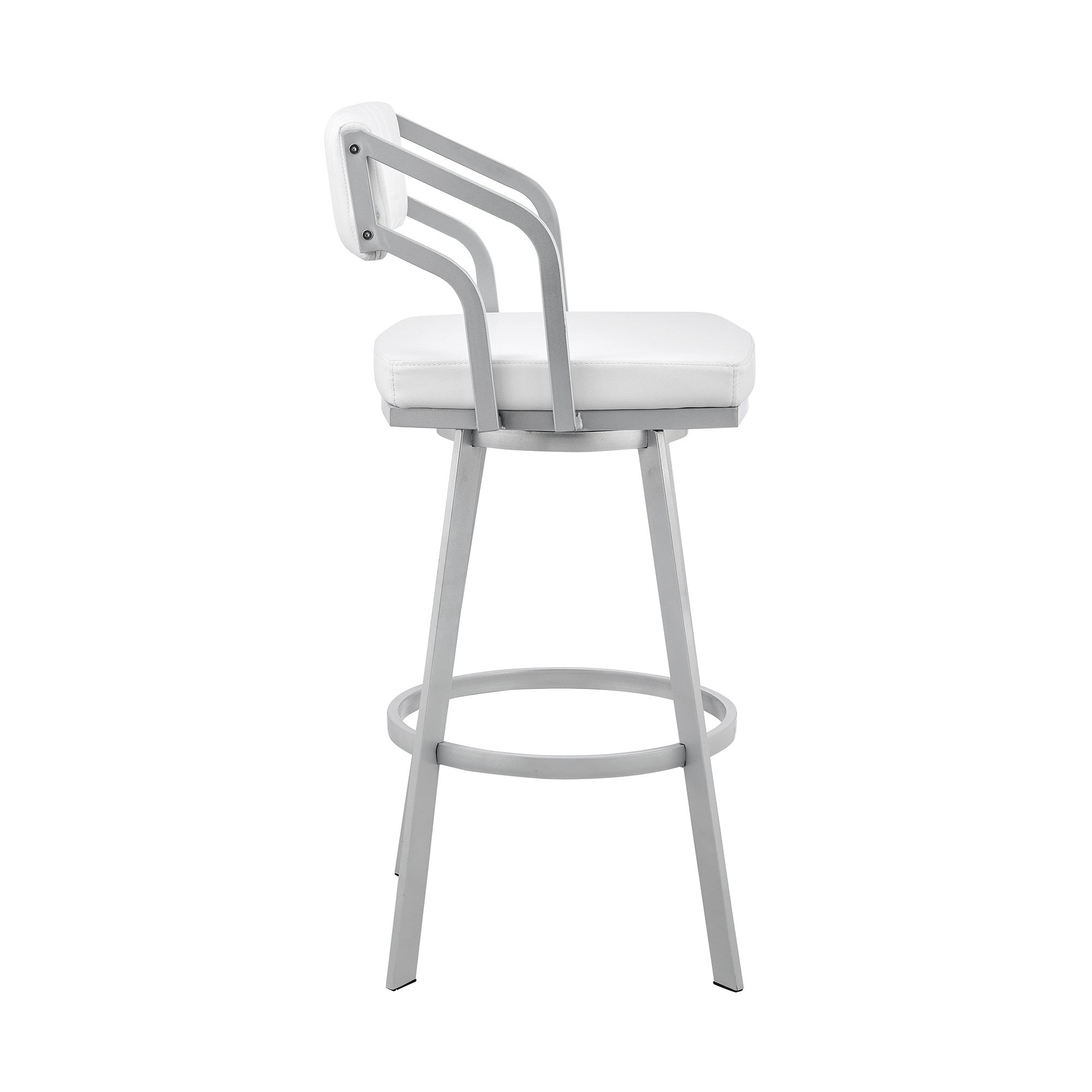 30" Timeless White Faux Leather Silver Finish Swivel Bar Stool