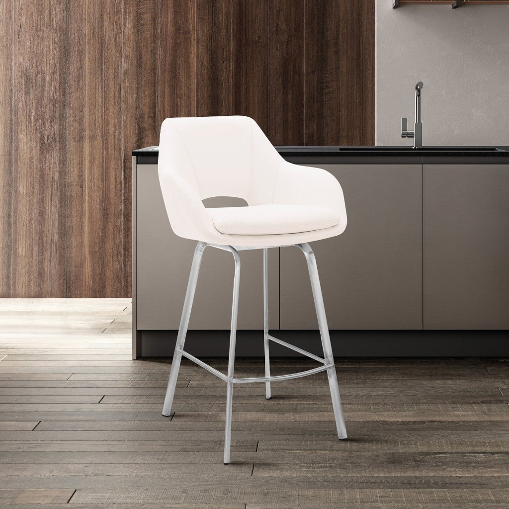 30" White Faux Leather and Stainless Steel Bar Stool
